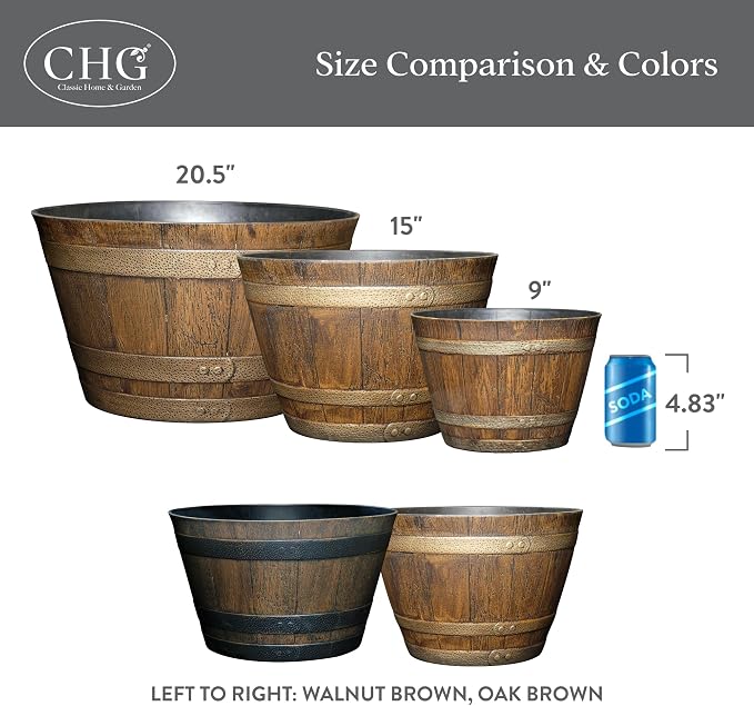 Whiskey Resin Flower Pot Barrel Planter, 20.5" Walnut Brown - Image 6