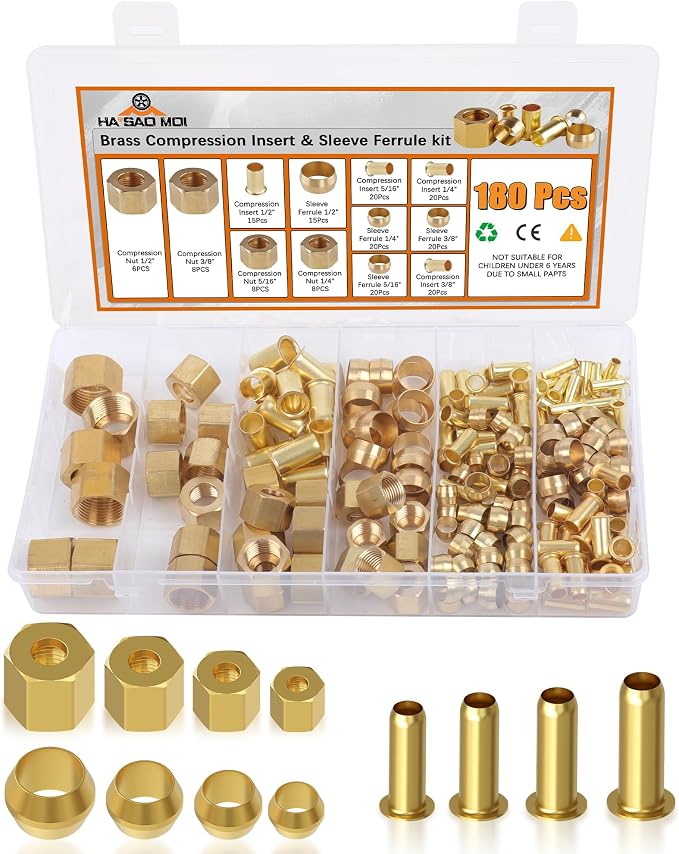 180PCS Brass Compression 1/4" 3/8" 5/16" 1/2" Sleeve Ferrule Insert Nuts | 4 by Unknown