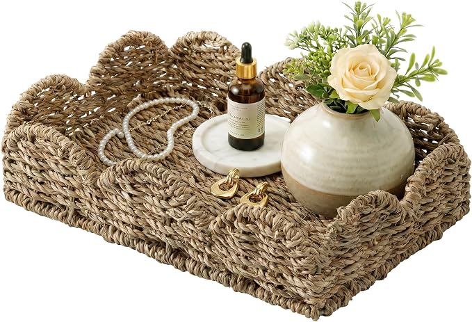 StorageWorks Small Wicker Scalloped Trays, Natural Seagrass Serving Tray | by StorageWorks