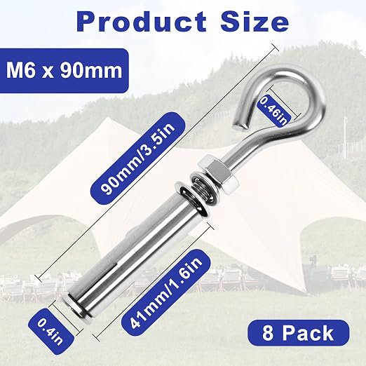 8 Pack 1/4" X 3-1/2" Expansion Eye Bolt, Concrete Eyebolt Anchors, Heavy Duty - Image 2