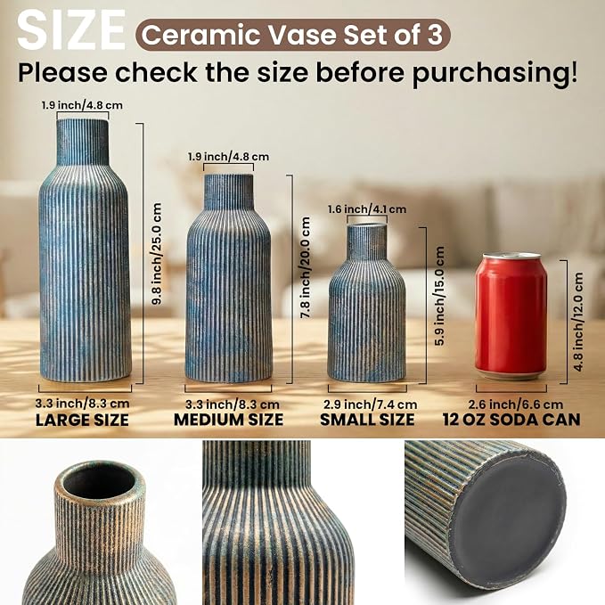 Vintage Blue Ceramic Flower Vases Set of 3, Modern Matte Vertical Ribbed - Image 2