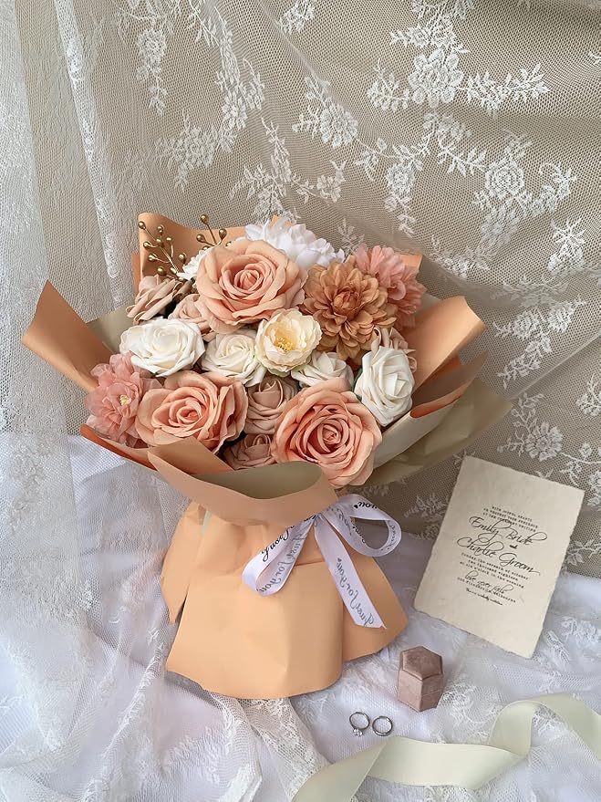 FACINOC Artificial Flowers Orange Mix Fake Flower Dahlia Roses - Image 5