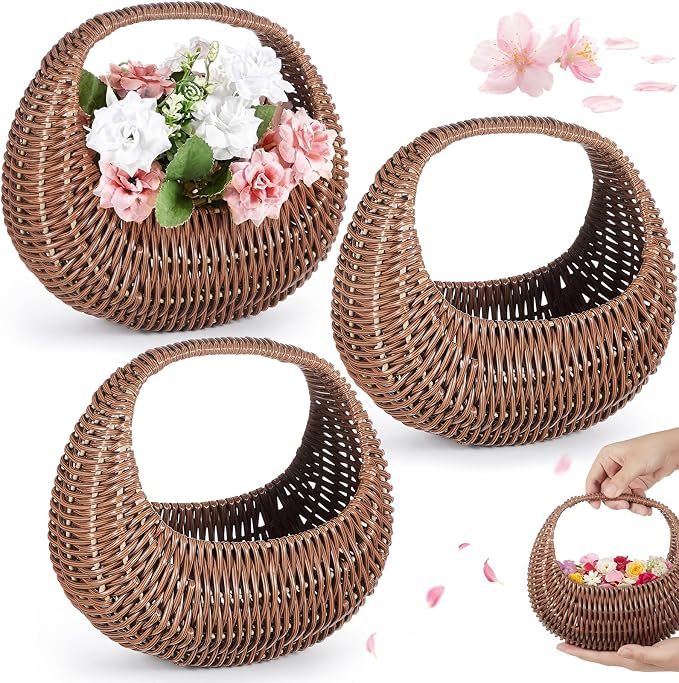 3 Pack Flower Girl Basket with Handle, 6.7 x 6.5 x 4.3 Inch, Half Moon Rattan by Taiyin
