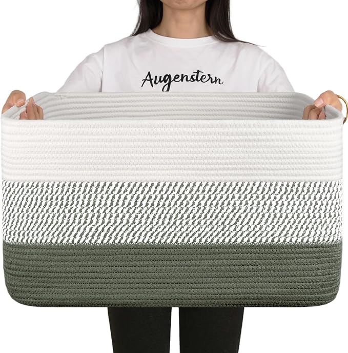 OIAHOMY Blanket Basket Laundry Basket Dog Toy Basket 75L Green/White | Large by MasterofSpaceOptimization