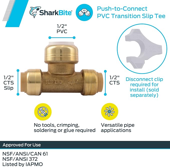 SharkBite 1/2 Inch Slip CTS x CTS x PVC Transition Slip Tee, Push To Connect - Image 3
