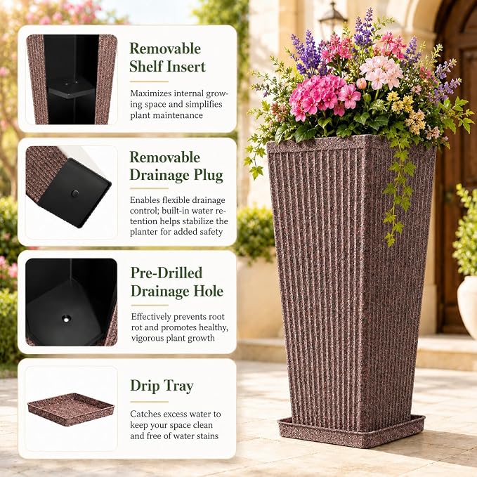 24" Tall Planters for Outdoor Plants Set of 2 Square Fluted, Tall Indoor Flower - Image 3