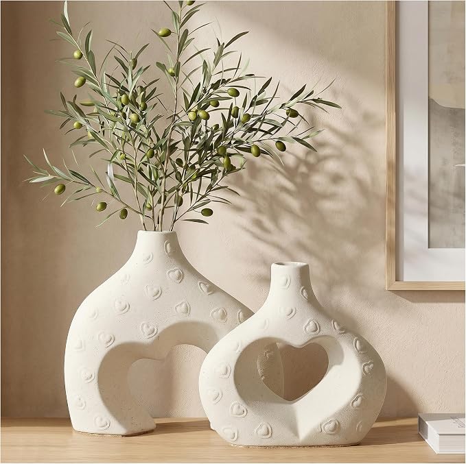 White Ceramic Flower Vases Table Decor Heart Shaped Vase Set of 2 | Nordic - Image 3