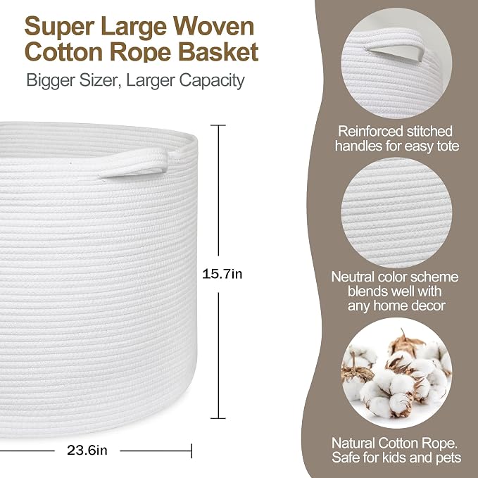 115L White Cotton Rope Storage Basket, 23.6"x15.7" Extra Large Blanket Storage - Image 2