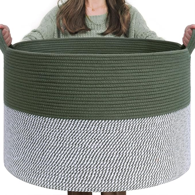 INDRESSME XXXLarge Woven Rope Blanket Basket Living Room Green, 90L | 21.7" x by INDRESSME