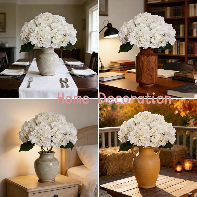 Kimura's Cabin 6pcs White Hydrangea Artificial Flowers Silk Fake Hydrangeas | - Image 4