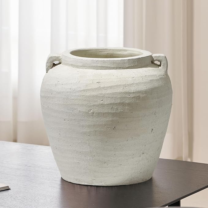 LB2 White Ceramic Large Vase, 11.2" Tall Zen Style vase, Terra Cotta Pitcher by LB2