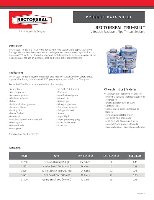 RectorSeal Tru-Blu 31631 Pipe Thread Sealant, PTFE Enriched, Designed - Image 2