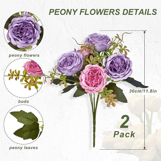 2 Packs Peonies Artificial Flowers, Dark Purple Silk Artificial Peonies | Fake - Image 4