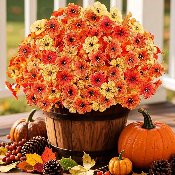 16PCS Artifcial Fall Flowers for Outdoor Decorations, Mix Orange | Realistic by AmberFun