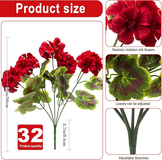 lovemoon 32 Pcs Artificial Geranium Plant Realistic Silk Flowers - Image 2
