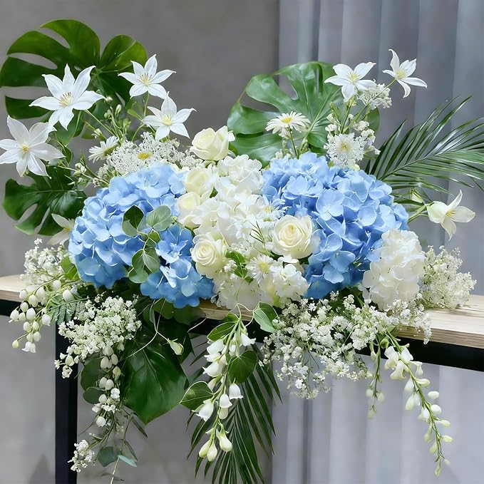 65Pcs Whiteblue Hydrangea Artificial Flowers Bulk，Realistic Silk Fake Flowers - Image 5