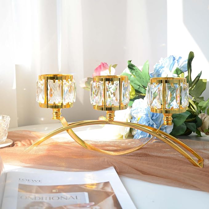 3 Arms Crystal Bowl Tealight Candelabra Votive Candle Stand, Wedding - Image 2