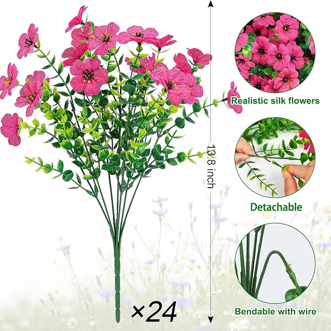 24 Pcs Artificial Flowers for Outdoors Decorations, Rose Red | Lifelike silk - Image 2