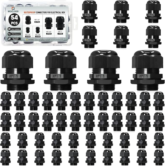 54 Pcs 1/4" 3/8" 1/2" 3/4" 1" NPT Kit Black Adjustable Cable Glands by Wocloer