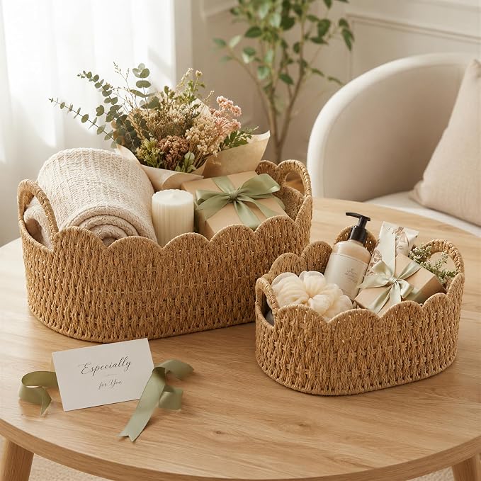 Coeusy Paper Rope Scalloped Basket Set of 2, Wicker Storage Baskets - Image 5