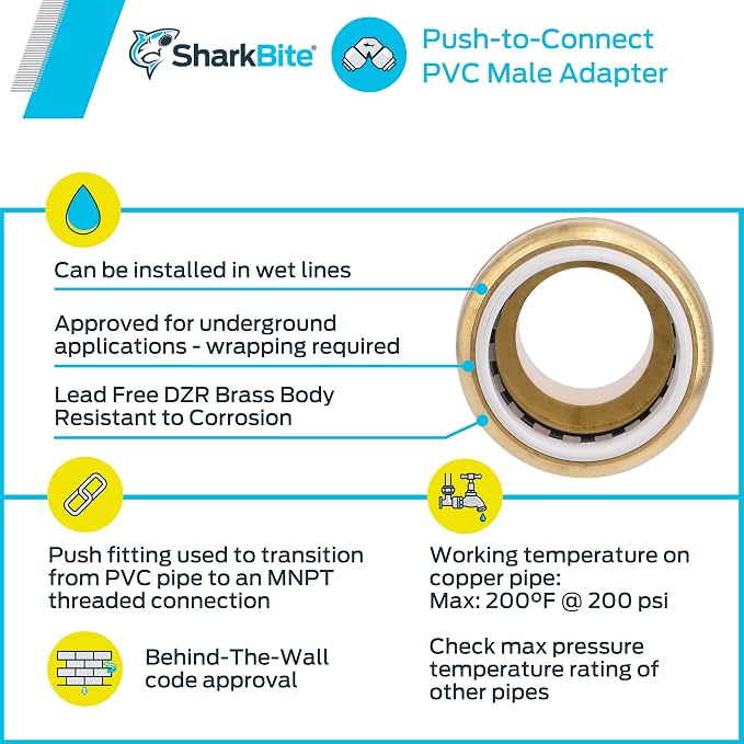 SharkBite 1 Inch PVC x 1 Inch MNPT Adapter, Push to Connect Brass Plumbing - Image 6