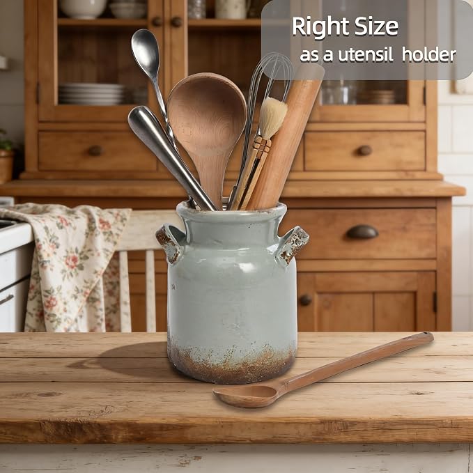 Quoowiit Ceramic Rustic Farmhouse Vase, Distressed Decorative Flower Vases - Image 7
