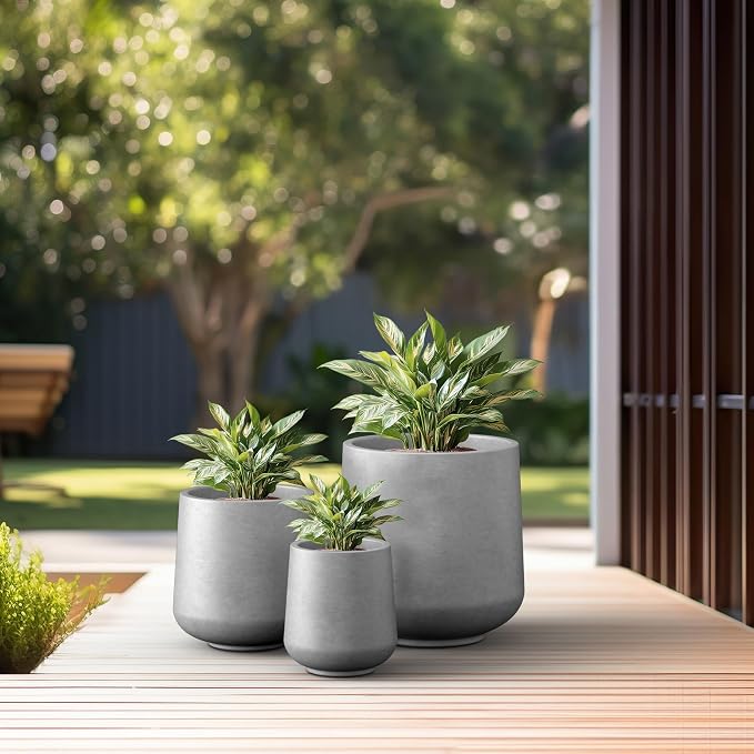 Kante Set of 3 Pale Gray Concrete Curved Planters 16.5" 13" 9.4" Dia | Drainage - Image 4
