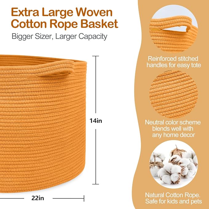 Extra Large Orange Basket, Baby Nursery Wicker Laundry Towel Basket, Kids Dog - Image 2