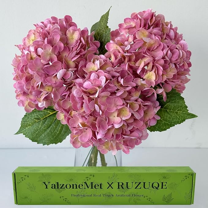 YalzoneMet 3 PCS Yellow/Pink Hydrangea Artificial Flowers 21'' Real Touch Faux by YalzoneMet