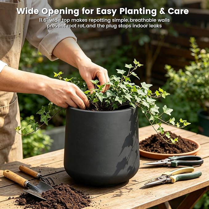 Kante Accent Round Curved Black Concrete Planter 13" Dia, Outdoor | Rubber Plug - Image 7