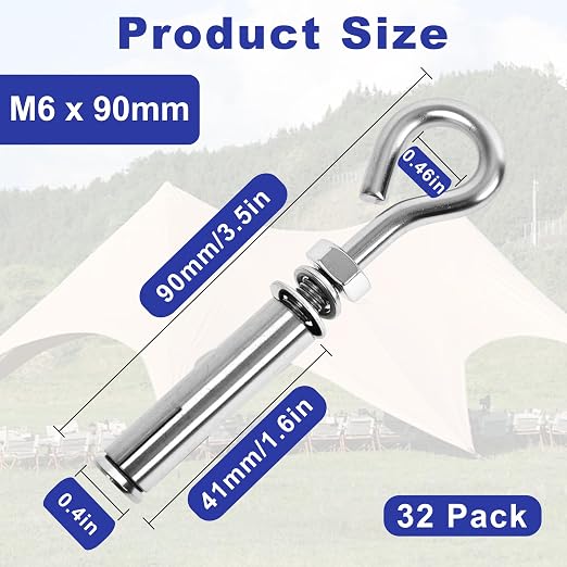 32 Pack 1/4" X 3-1/2" Expansion Eye Bolt, Concrete Eyebolt Anchors, Heavy Duty - Image 2