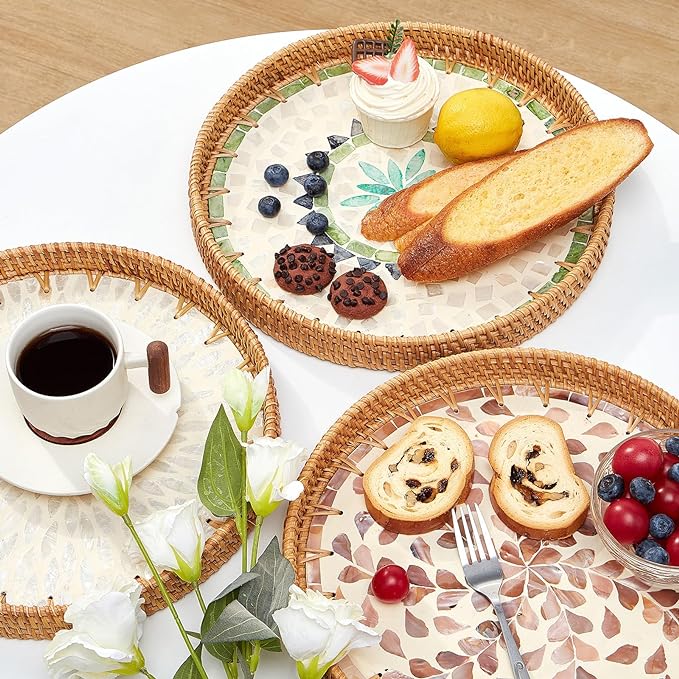 Kmelep Round Rattan Tray with Mother of Pearl Inlay, Rattan Serving Tray with - Image 2
