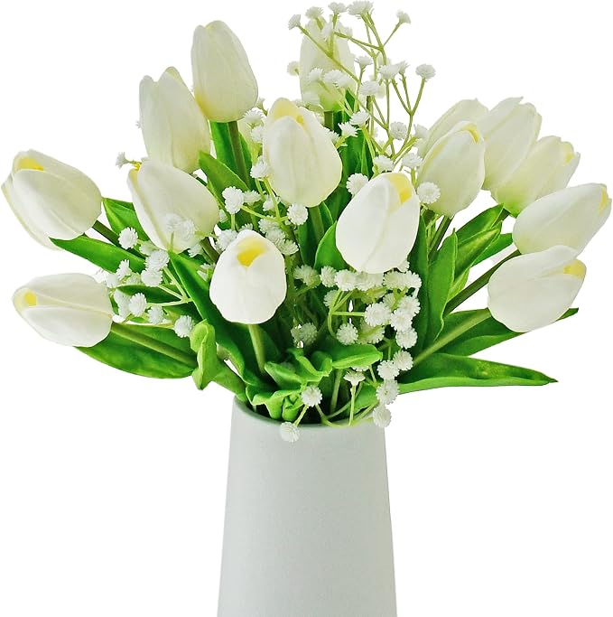 Mandy's 20pcs Artificial White Tulips and 3pcs White Baby's Breath | 13.5 Inch by Mandys