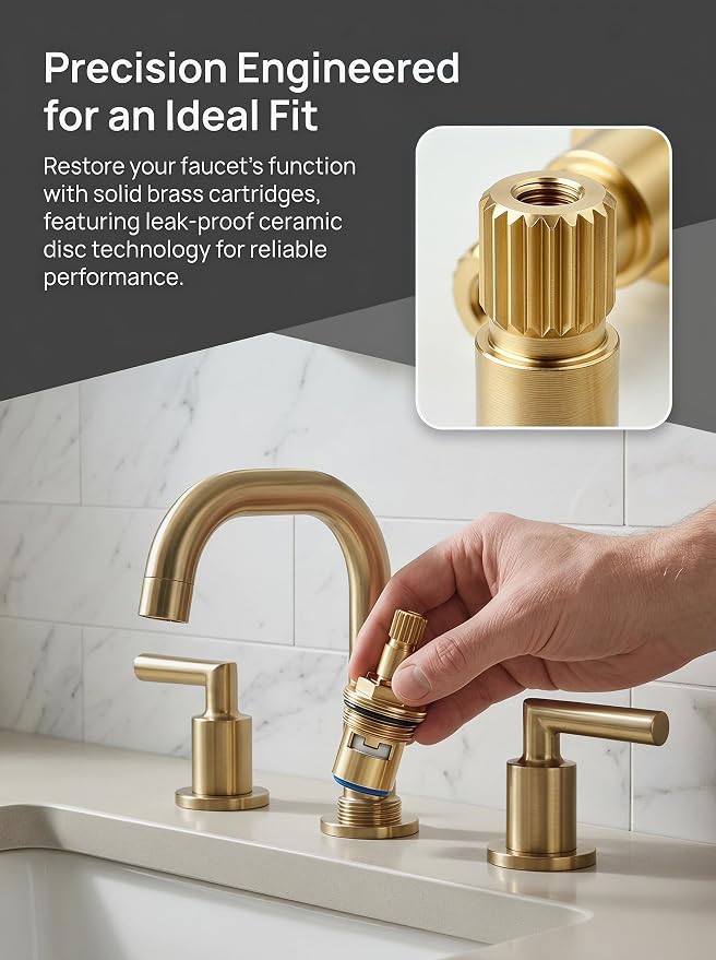 2-Pack Brass Faucet Cartridge Replacement, 1/2" Ceramic Disc Hot/Cold Water - Image 3