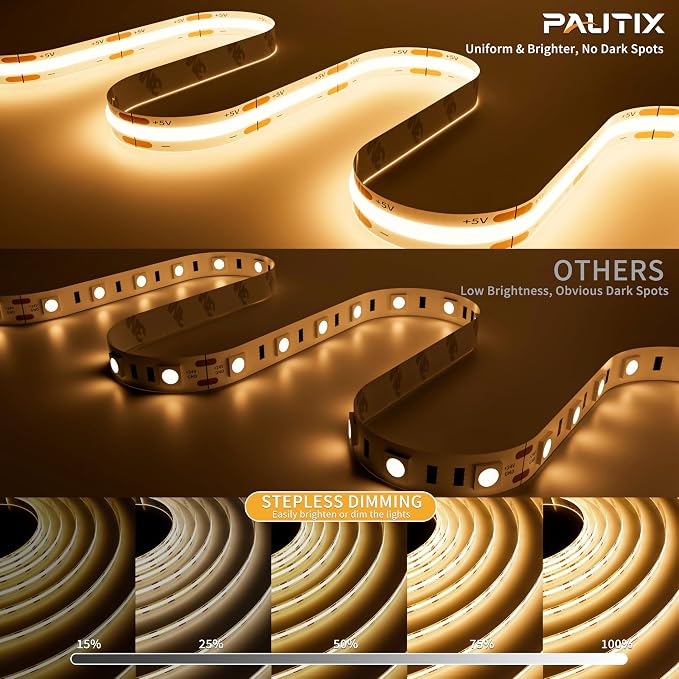 PAUTIX 5V USB COB LED Strip Lights UL-Listed Dotless LED Lights - Image 2