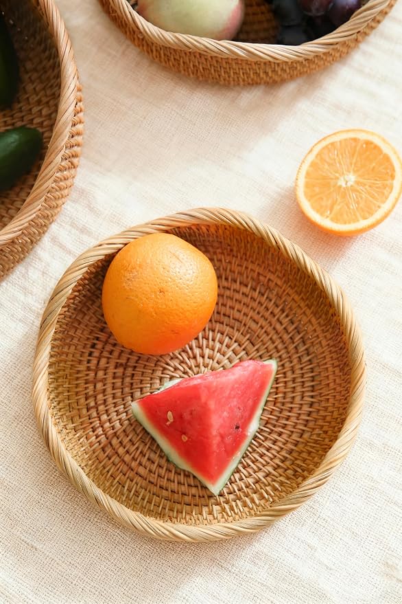 HITOMEN Handmade Rattan Bread Baskets Round Wicker Fruit Serving Storage Bowls - Image 3
