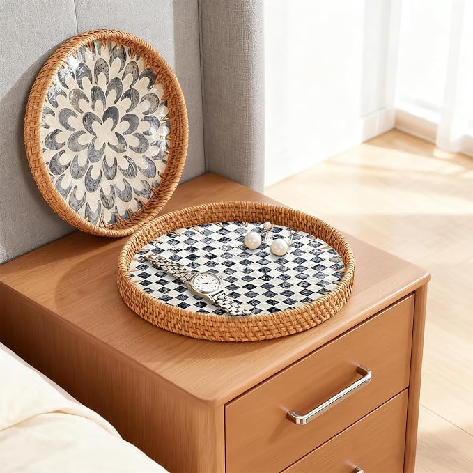 Round Rattan Tray with Mother of Pearl Inlay, Decorative Basket with Wooden Base - Image 5