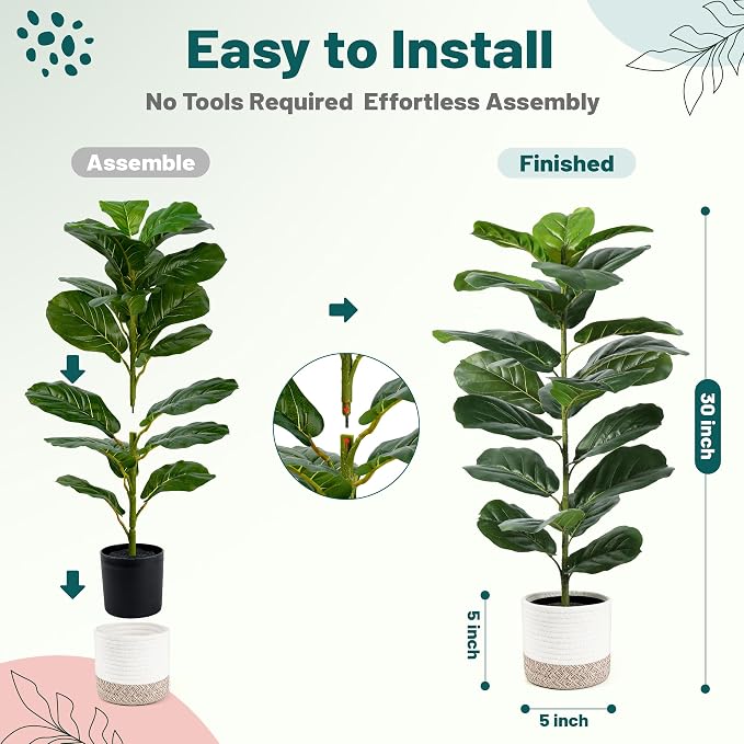 Der Rose 2 Pack 30" Fake Plants, Fiddle Leaf Fig Trees - Image 3