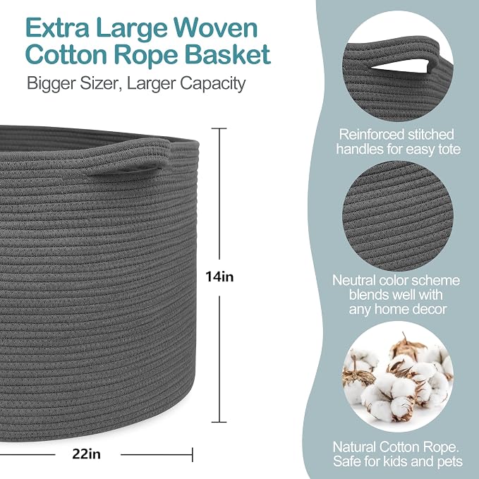 Large Dark Grey Storage Basket, Woven Cotton Rope Baskets - Image 2