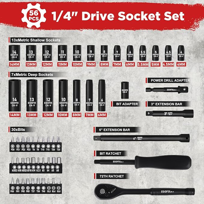 1/4" Ratchet Wrench Socket Set 56 PCS, Metric Shallow Socket and Deep, - Image 2