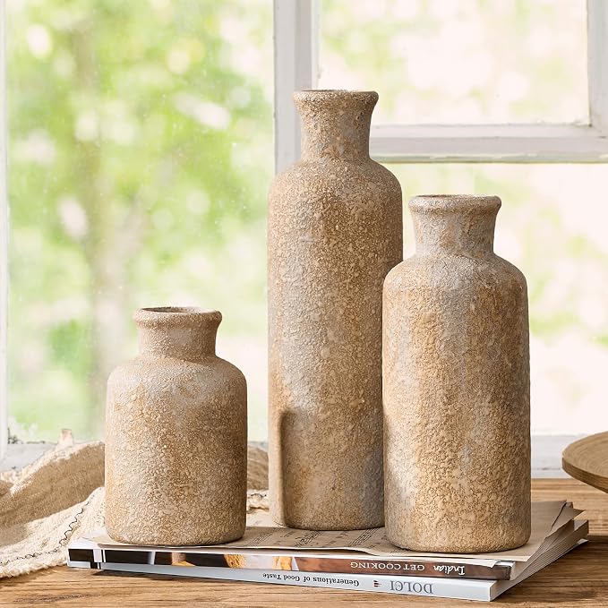 Ceramic Rustic Farmhouse Vase Set of 3, Terracotta Vases - Image 2