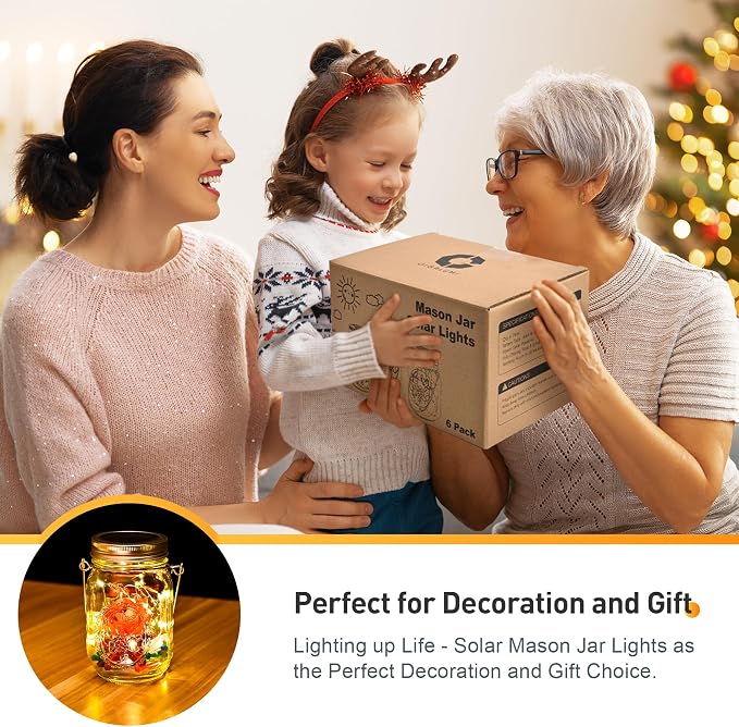 GIGALUMI Hanging Mason Jar Solar Lights, 6 Pack 30 Led Tinplate Lids | Hanging - Image 4