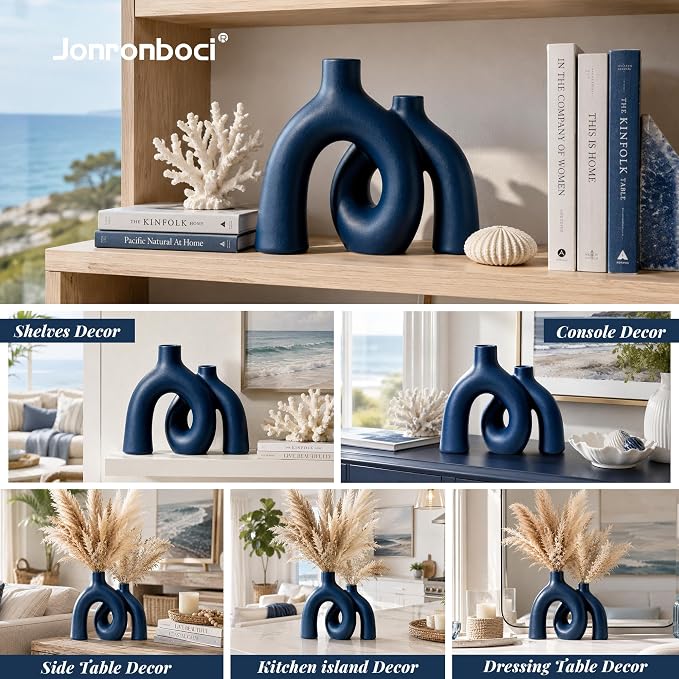 Blue Vase Set, Hug Donut Navy Ceramic Vases - Image 7