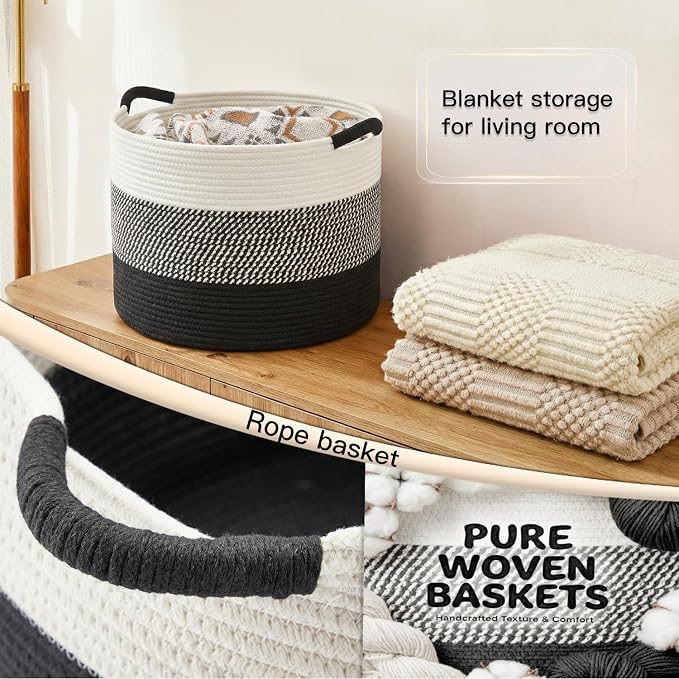Artfeel 100L Large Cotton Rope Basket, Decorative Woven Blanket Storage - Image 5
