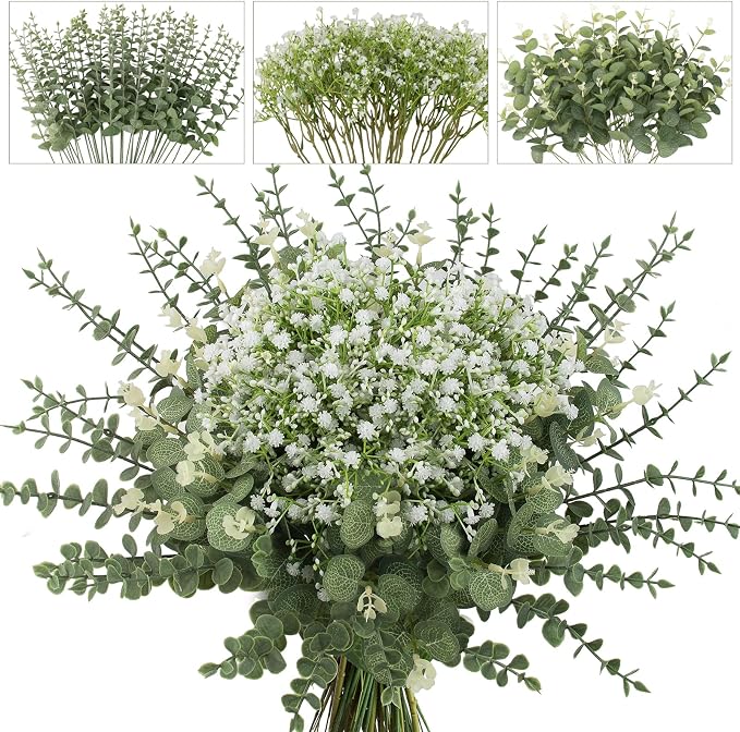 lovemoon 100 Pcs Mixed Greenery Artificial Eucalyptus Stems, Baby Breath by Lovemoon