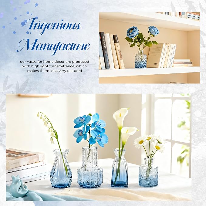 Der Rose 12pcs Glass Bud Vases, intricate textured glass, charming vintage style - Image 6