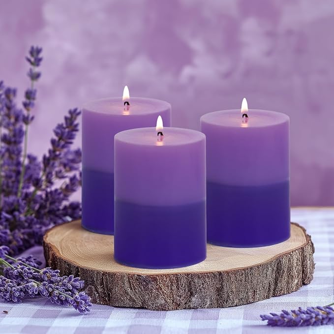 KONNI Layered Pillar Candles Set of 3, 2.8"x 4" Table Decor Purple | - Image 6