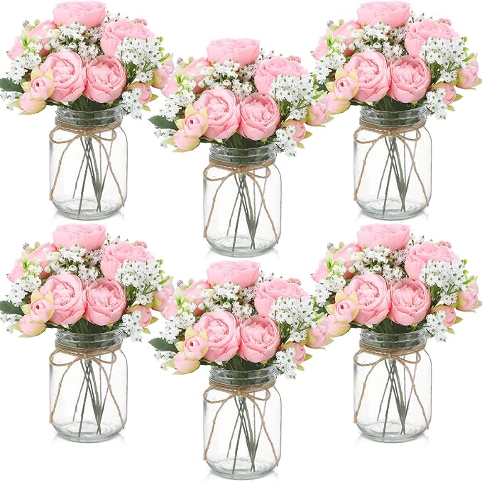 6 Sets Mason Jar Flowers Centerpiece Table Decorations, Light Pink | Faux by Zeyune