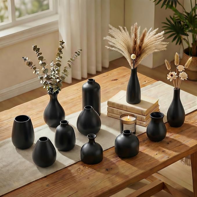 Black Bud Vases, Small Ceramic Vase Set of 11, Mini Pottery Vases - Image 4