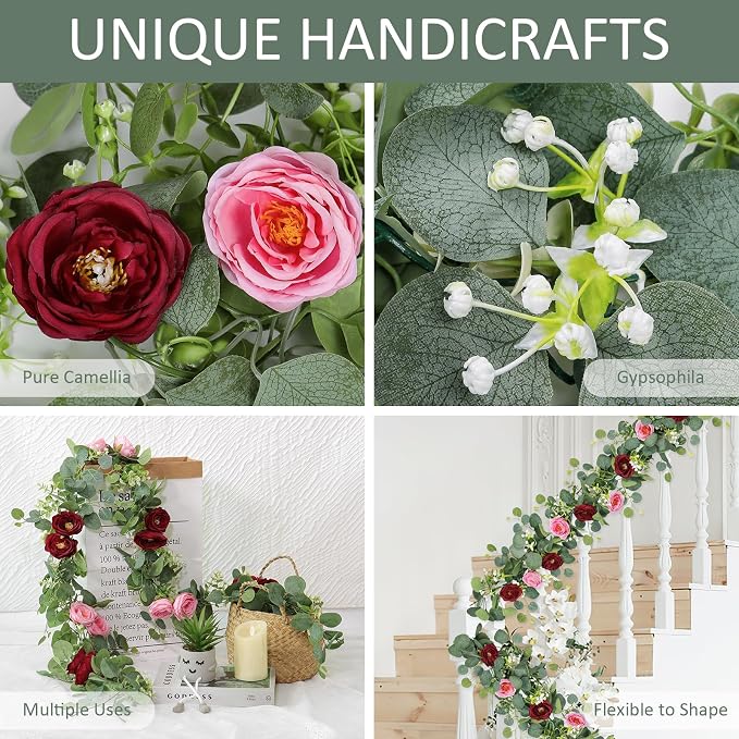 TOCHGREEN 2 Pack Artificial Eucalyptus Flower Garland - Image 4